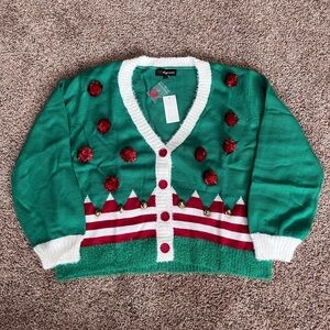 Green and Red Christmas Holiday Cardigan Sweater
